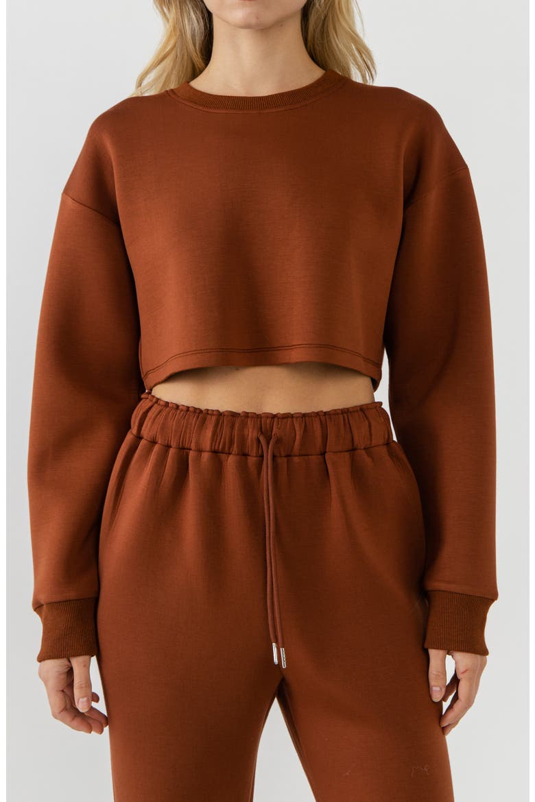 Lounge Wear Crop Crewneck Sweatshirt, Alternate, color, BROWN