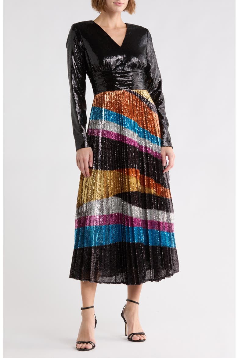 Agatha Sequin Pleated Midi Dress, Main, color, NOIR/ MULTI METALLIC