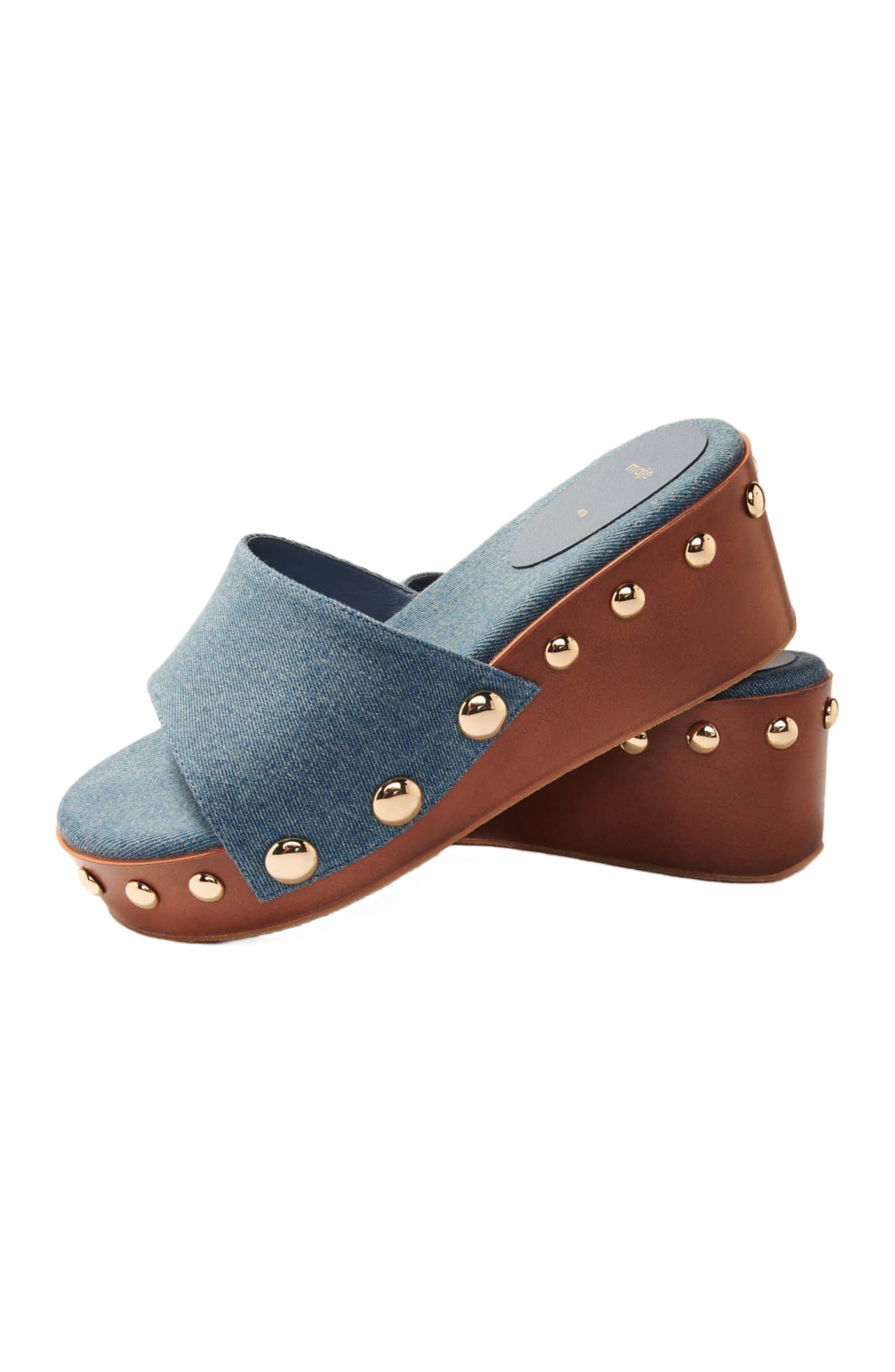 Denim studded wedge mules, Alternate, color, Blue jean