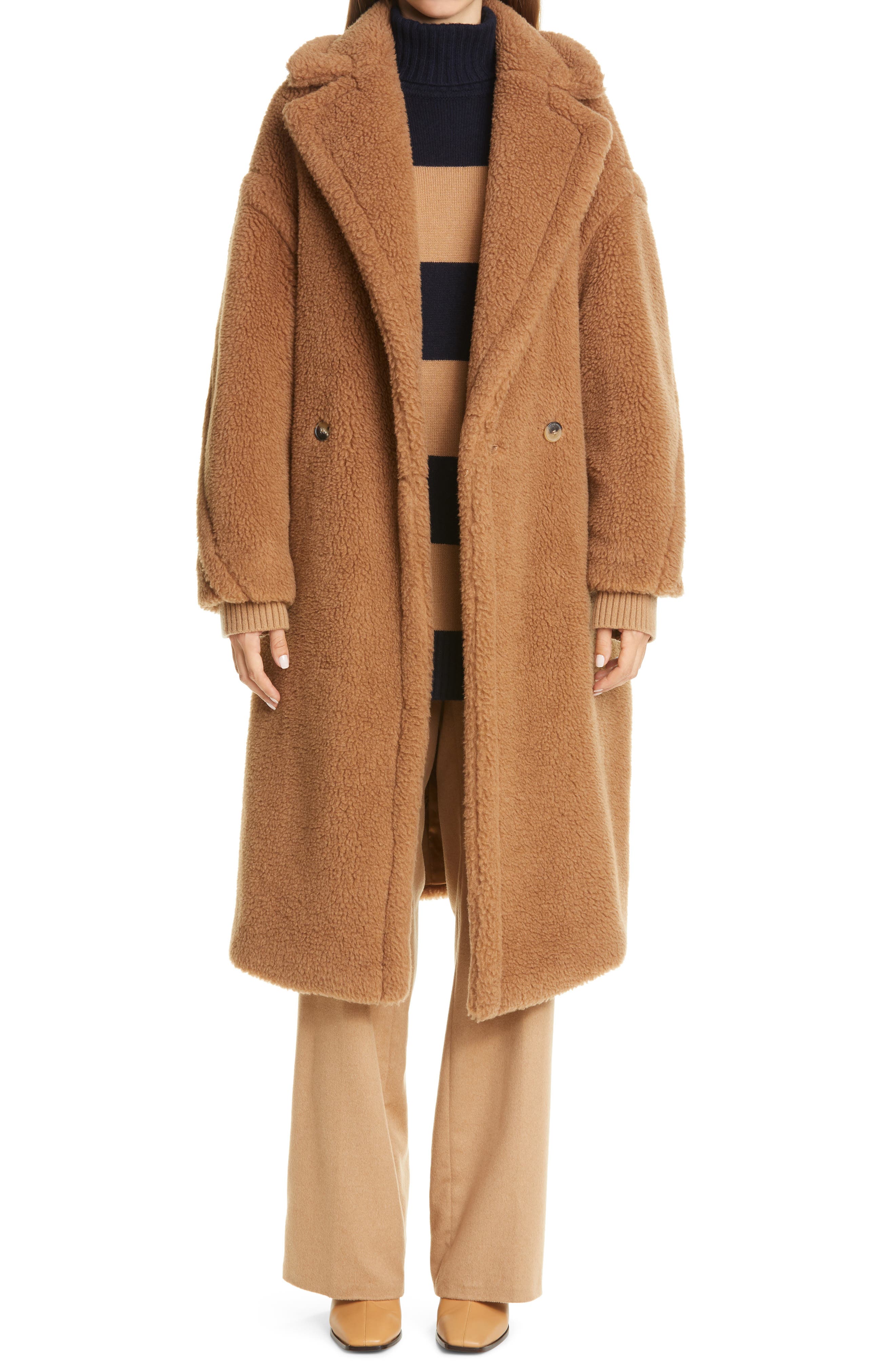 max mara teddy tobacco Street Style Coat Lana Reversible Teddy Coat In Wool Blend Brown welt pockets Double Outdoor tobacco color Mukla furs