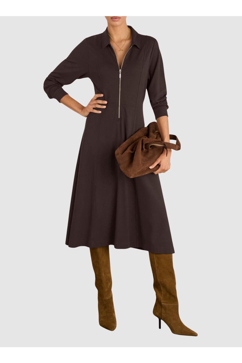 Mariposa Ponte Zip Front Midi Dress, Alternate, color, Dark Chocolate