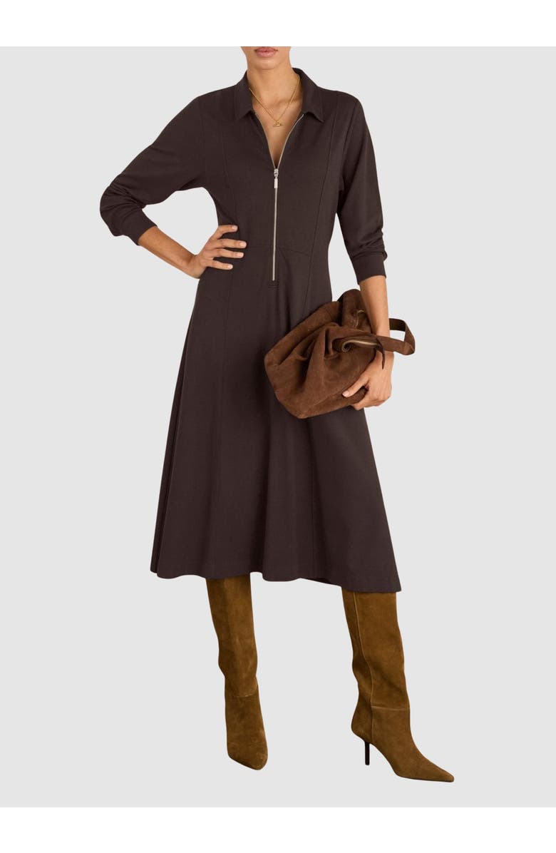 Baukjen Mariposa Ponte Zip Front Midi Dress, Alternate, color, Dark Chocolate