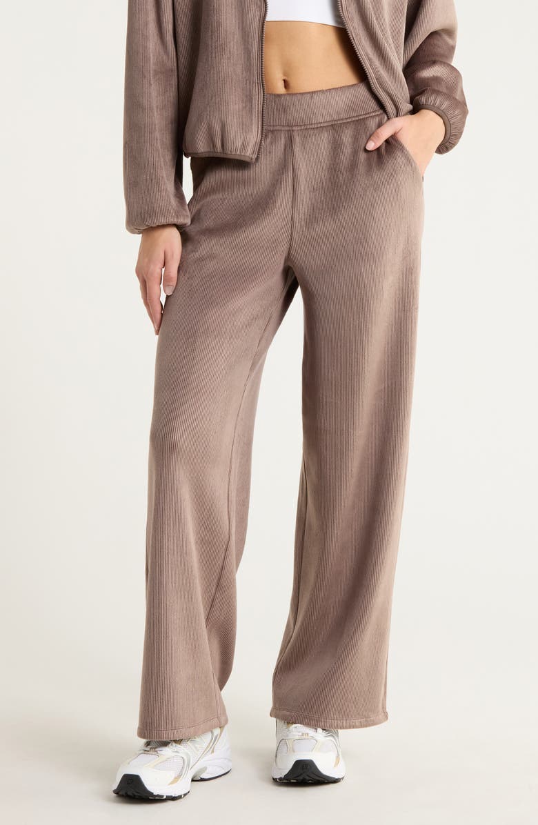 Zella Wide Leg Rib Velour Pants, Main, color, Brown Quartz