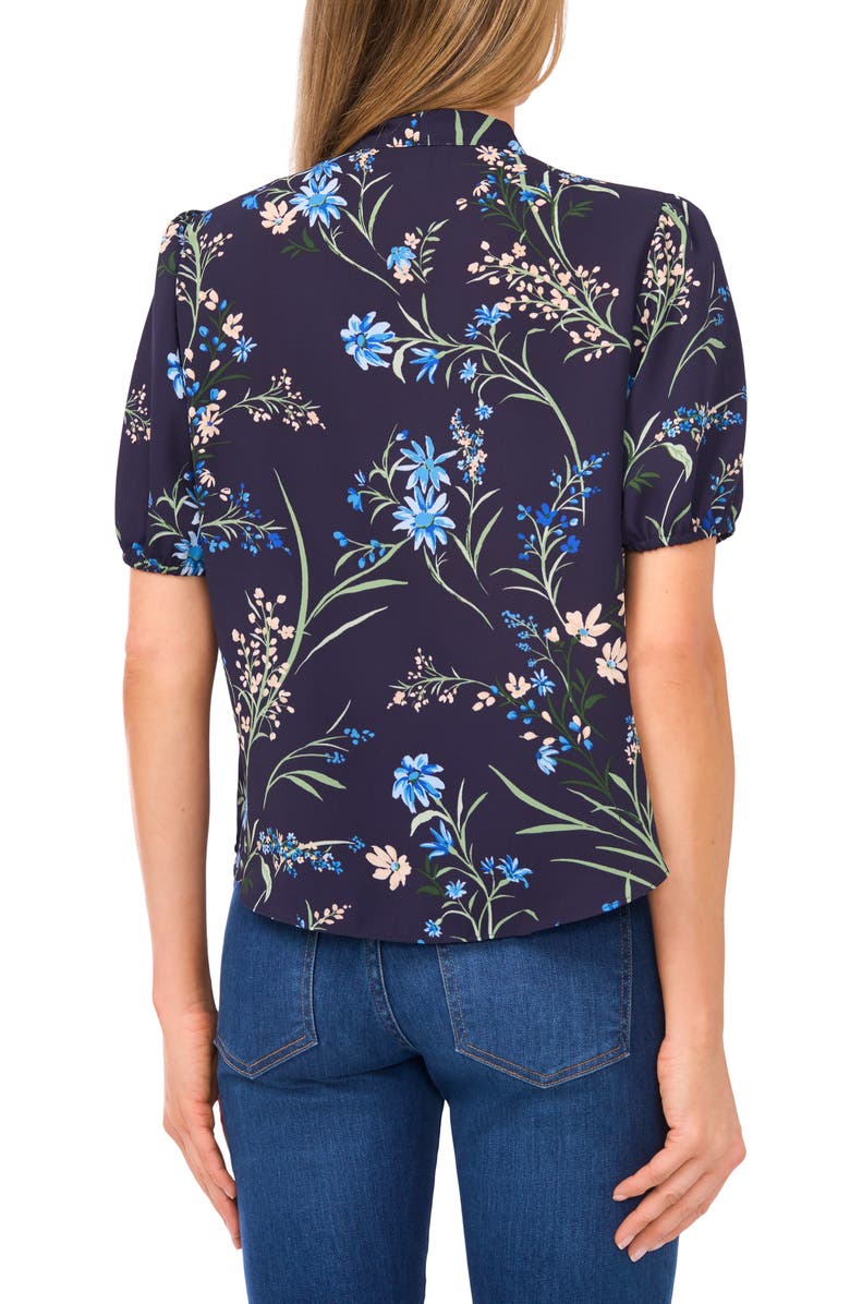 CeCe Floral Tie Neck Georgette Top, Alternate, color, Classic Navy
