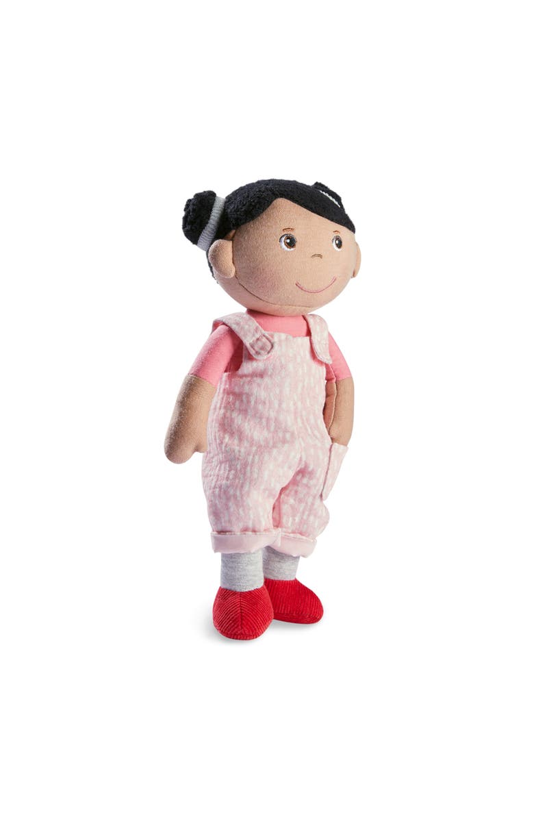 HABA Snug Up Doll Rumbi - 10" Soft Doll with Black Hair and Pink Overalls - Machine Washable for 18 Months and Up, Main, color, Multi