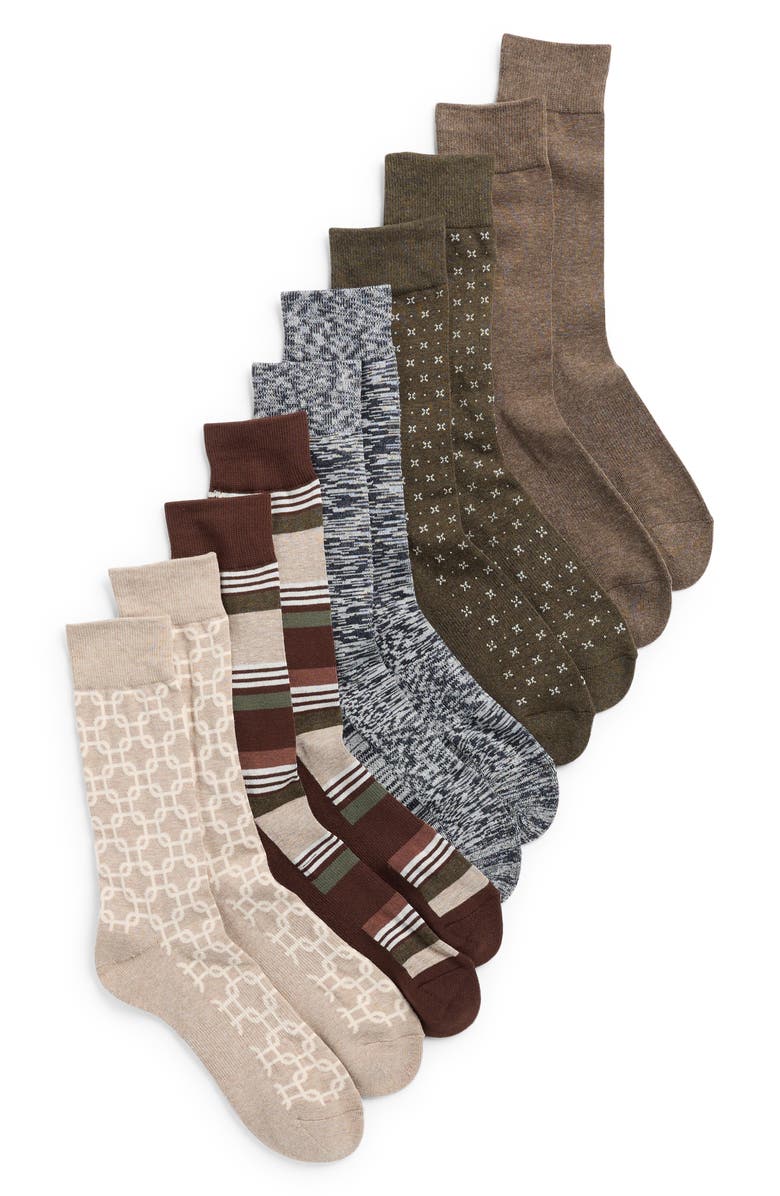 NORDSTROM RACK 5-Pack Cushioned Dress Socks, Main, color, Tan Olive Geo Stripes