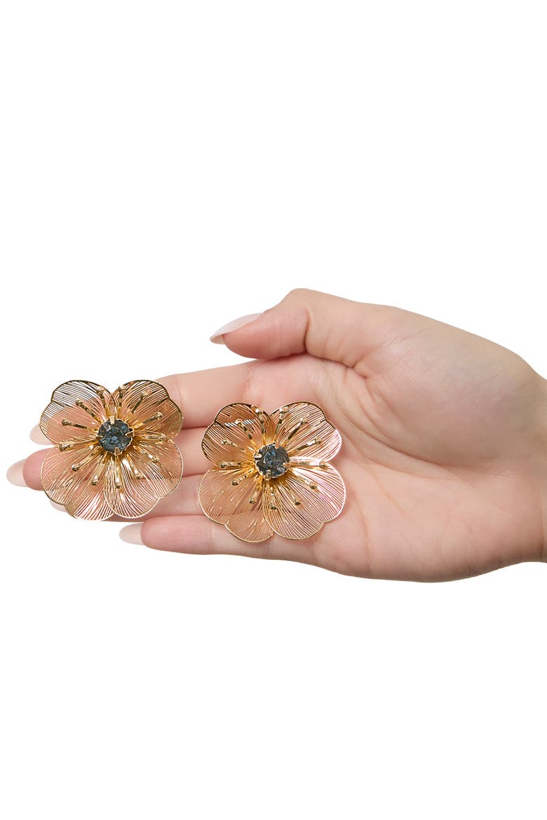 Gold-Tone Filigree Flower Stud Earrings with Blue Crystal Center, Alternate, color, Gold