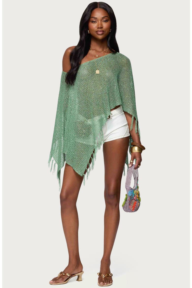 Sequin Fringe Knit Poncho, Alternate, color, GREEN