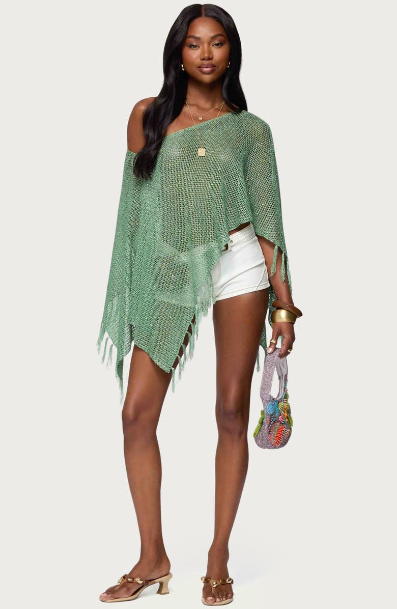 EDIKTED Sequin Fringe Knit Poncho, Alternate, color, Green