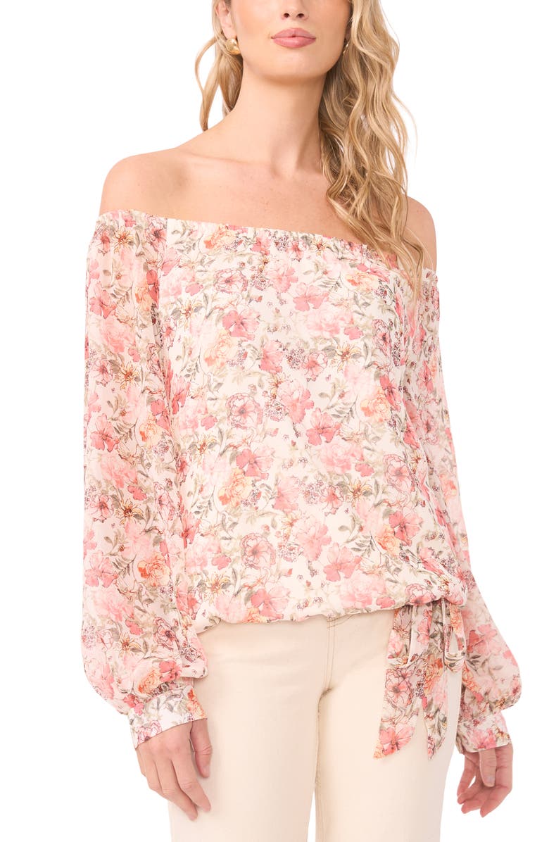 Vince Camuto Floral Off the Shoulder Tie Hem Top, Main, color, New Ivory