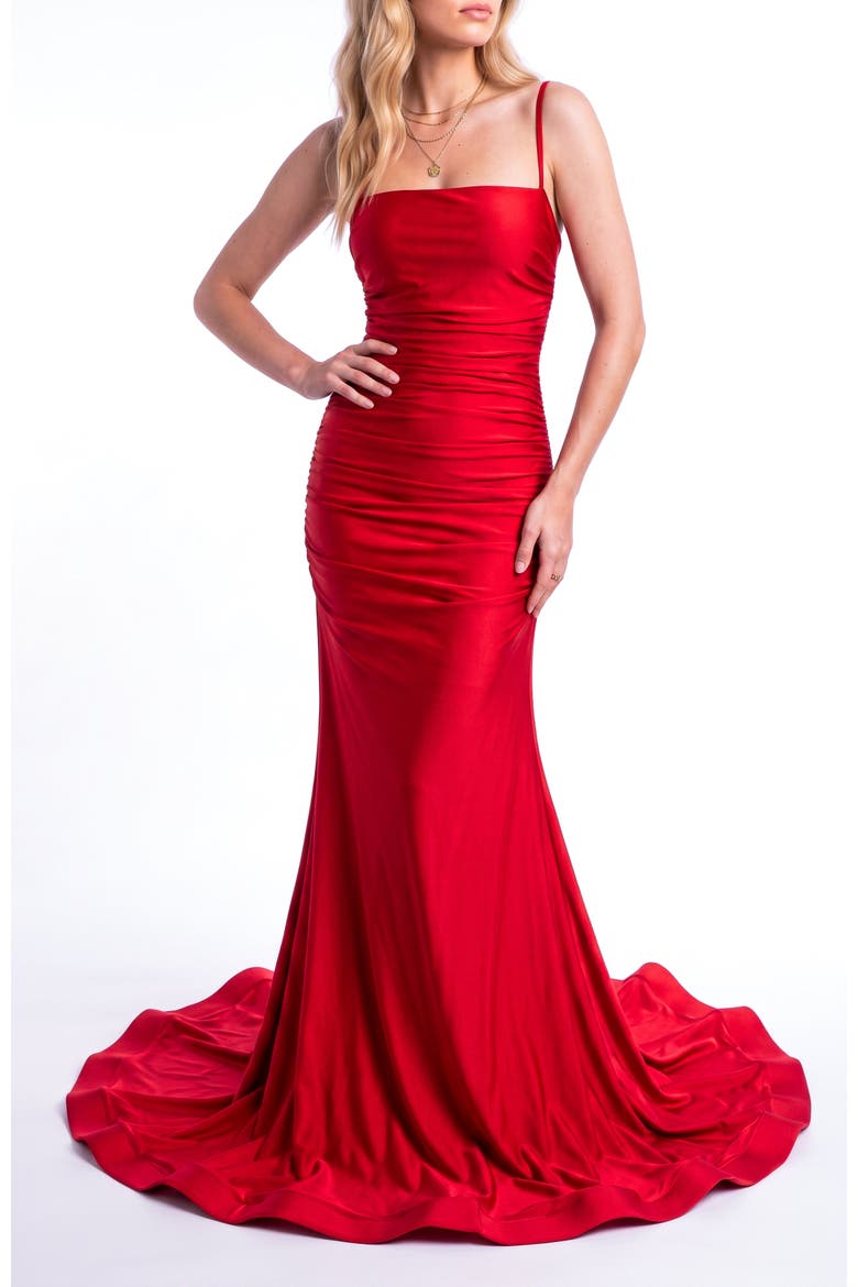 Ruched Lace-Up Back Mermaid Evening Gown, Main, color, Red