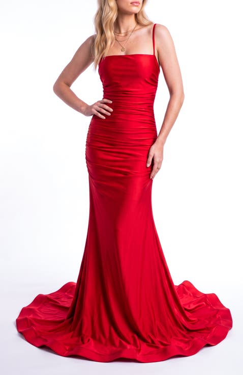 Ruched Lace-Up Back Mermaid Evening Gown