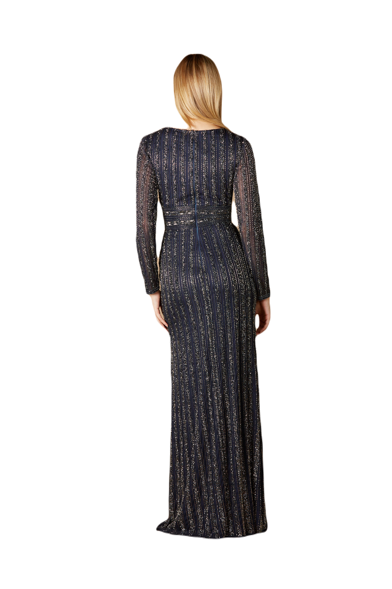 Long Sleeve Belted Beaded Gown, Alternate, color, Navy