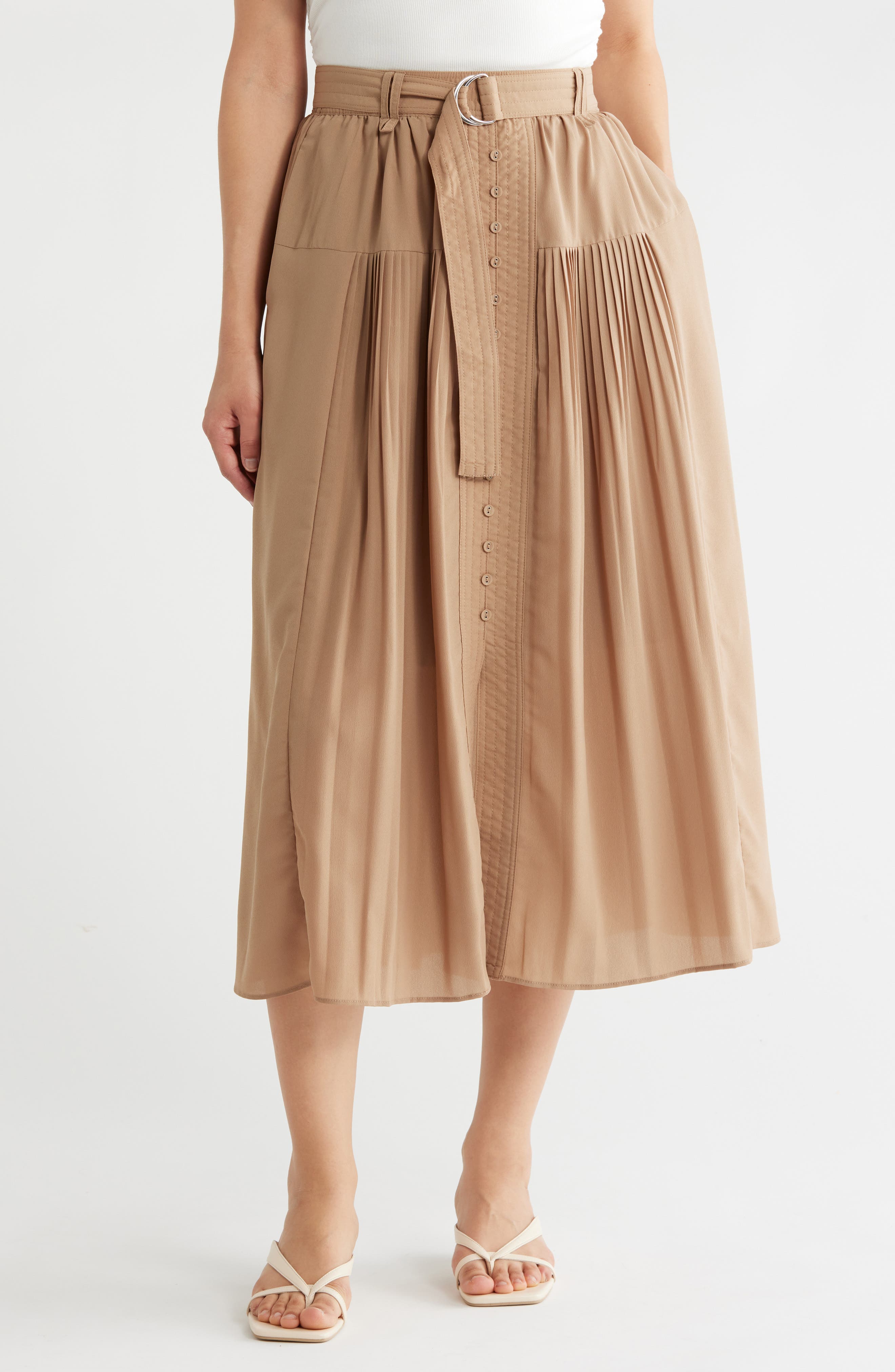 Adrianna Papell Belted Button Front Pleated Midi Skirt