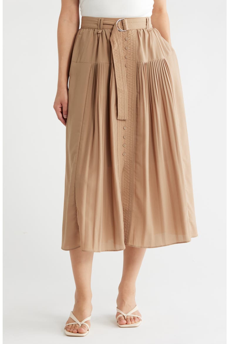 Belted Button Front Pleated Midi Skirt, Main, color, TAOS TAUPE