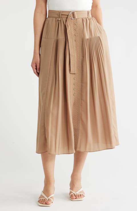 Belted Button Front Pleated Midi Skirt