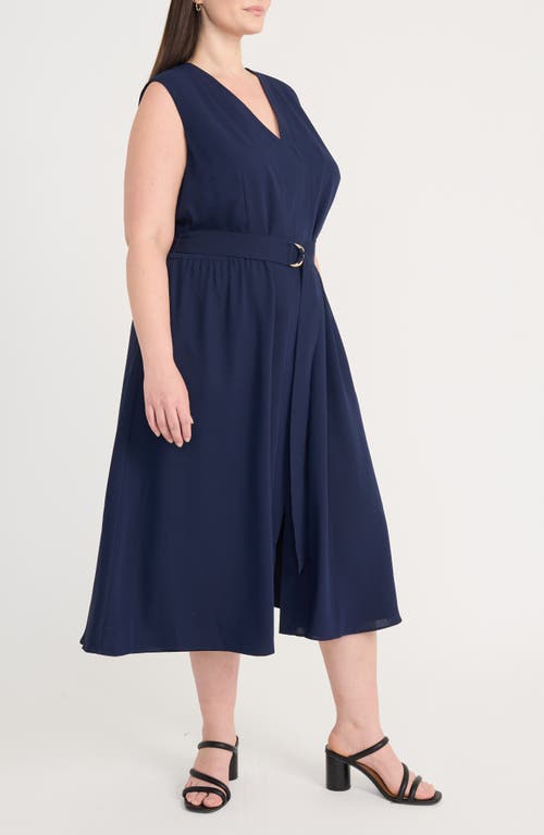 Maggy London Sleeveless Belted Midi Dress In Navy Blazer