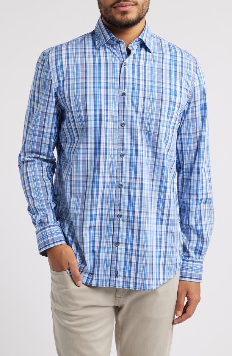johnnie-O Masson Plaid Performance Button-Up Shirt, Main, color, Maliblu