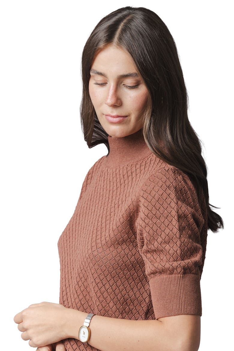Organic Diamond Stitch Mock Neck Sweater, Alternate, color, Cinnamon Pointelle