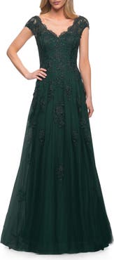La Femme Short Sleeve Lace Gown with Cascading Embellishments