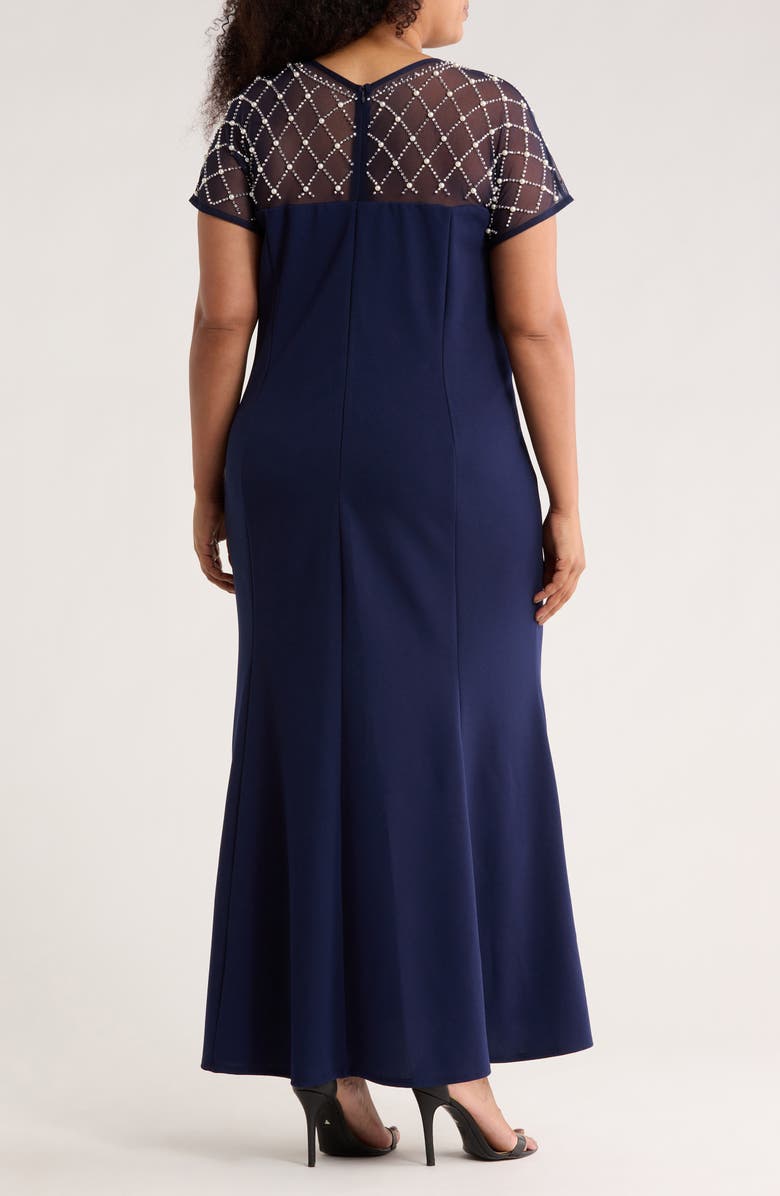 Oleg Cassini Beaded Sleeve Scuba Crepe Knit Gown, Alternate, color, Navy