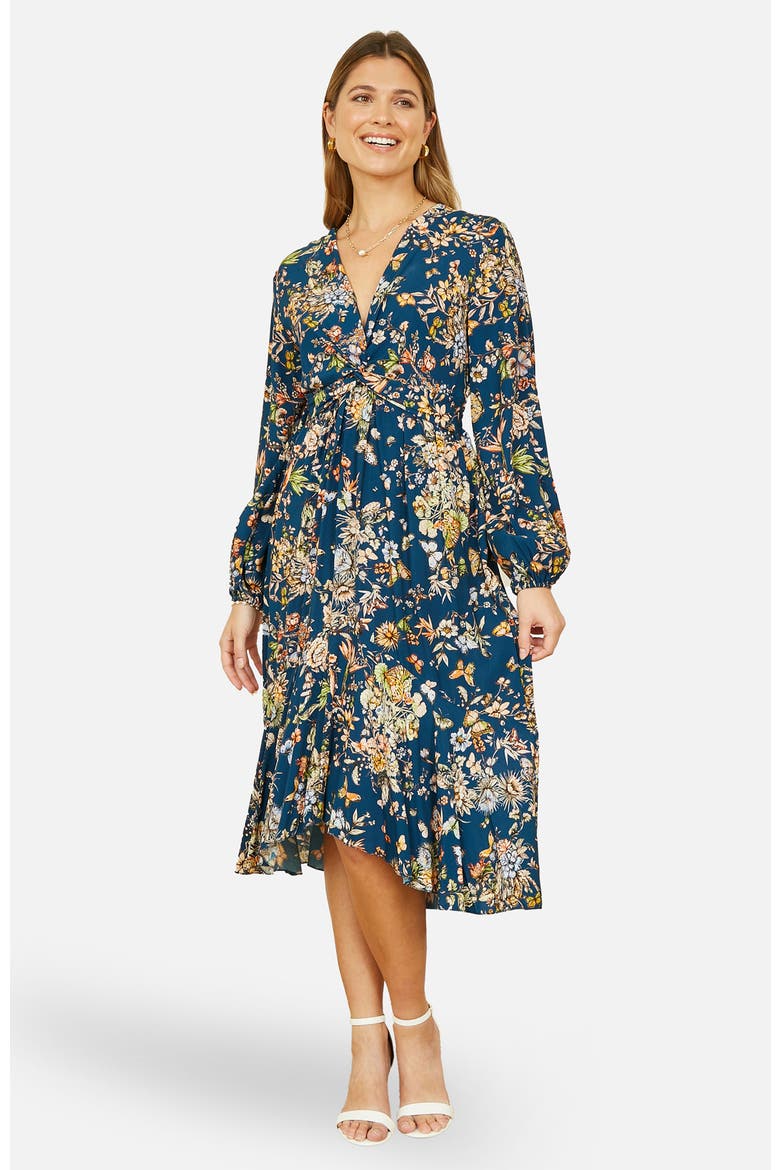 Tie Knot Front Long Sleeve Midi Dress, Main, color, Navy