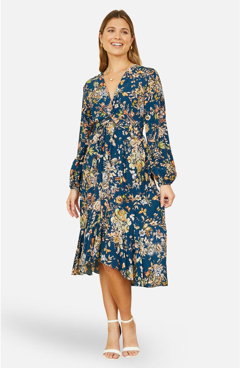 Yumi Tie Knot Front Long Sleeve Midi Dress, Main, color, Navy