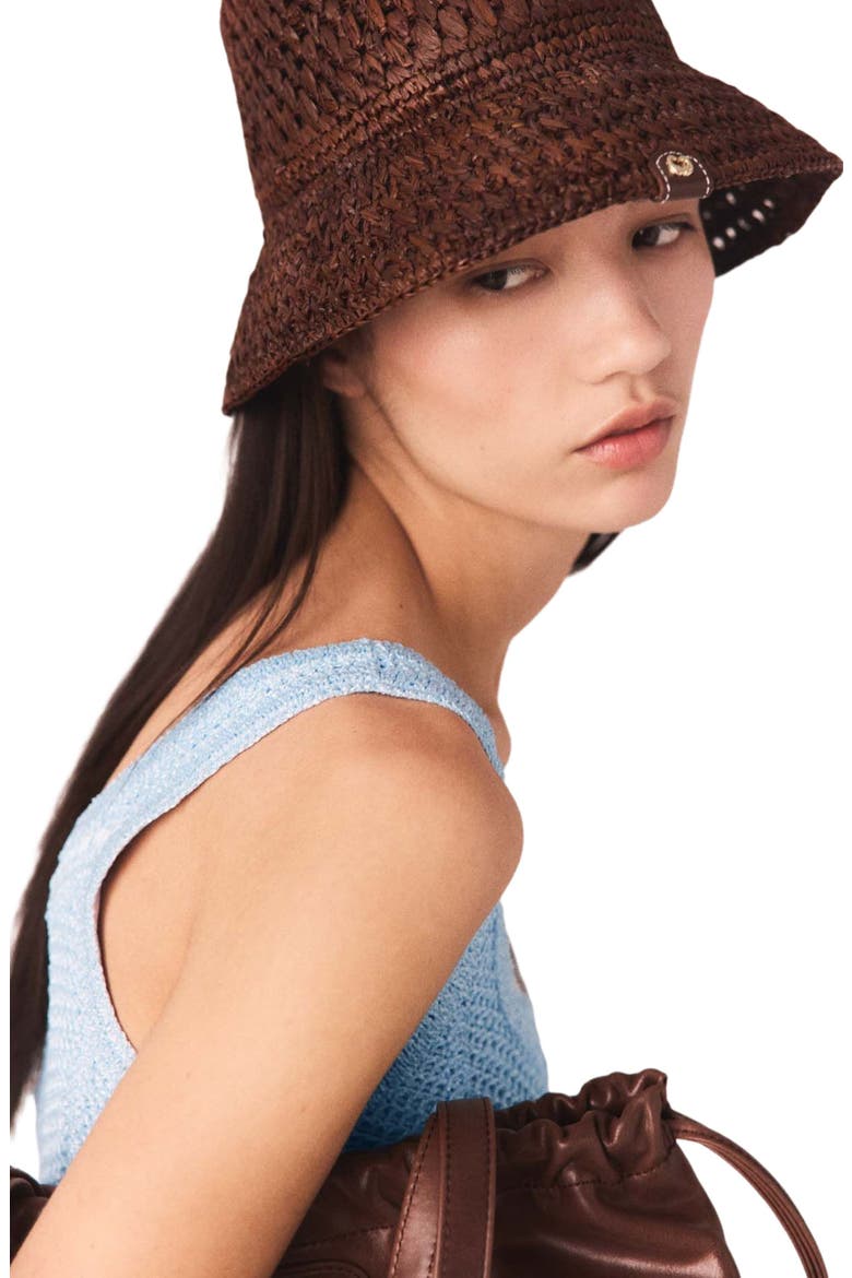 Colourful natural raffia bucket hat, Alternate, color, Brown