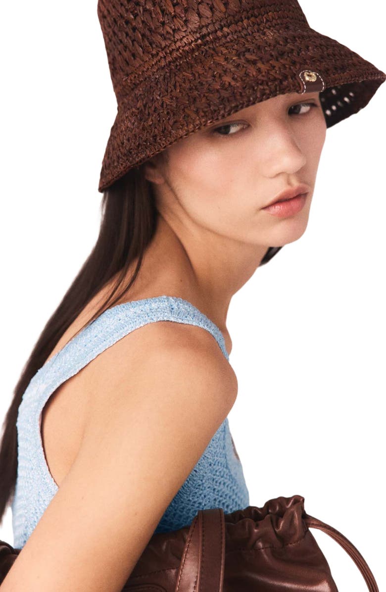 maje Colourful natural raffia bucket hat, Alternate, color, Brown