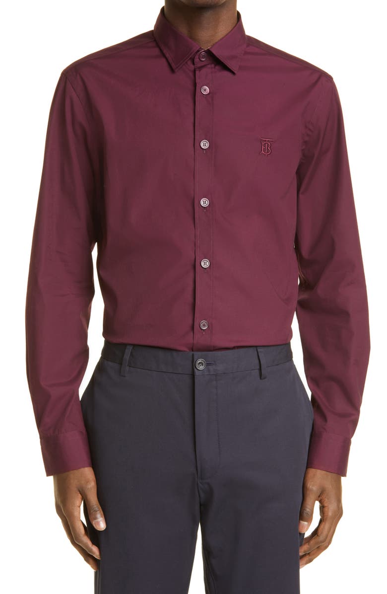 Burberry Sherwood Monogram Motif Slim Fit Stretch Cotton Poplin Button-Up Shirt, Main, color, 