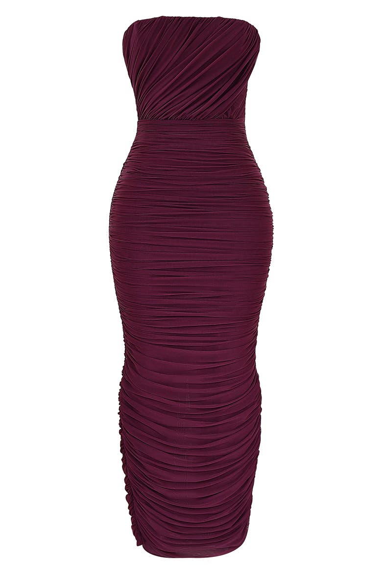 Gradient Color Strapless Ruched Mesh Gown, Alternate, color, WINDSOR WINE