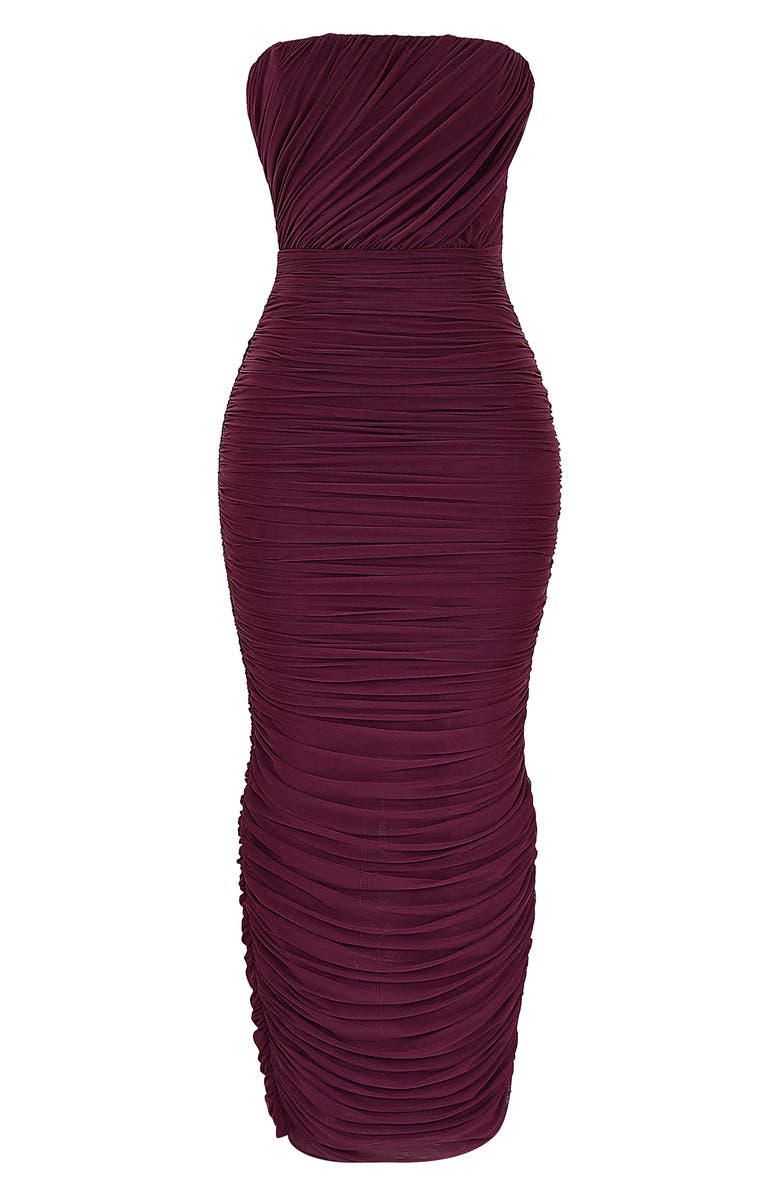 HOUSE OF CB Gradient Color Strapless Ruched Mesh Gown, Alternate, color, Windsor Wine
