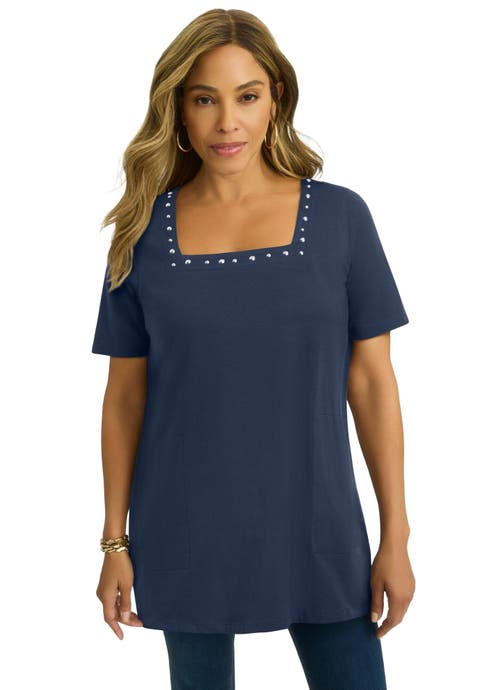 Stretch Cotton Studded Square Neck Tunic (Plus Available)