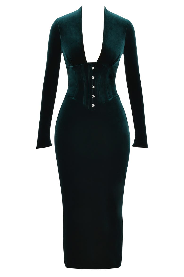 Arabella Plunge Neck Long Sleeve Velvet Corset Dress, Alternate, color, FOREST