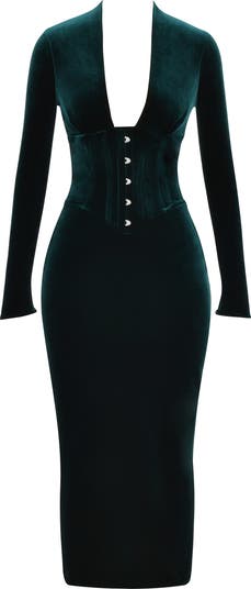 Arabella Plunge Neck Long Sleeve Velvet Corset Dress