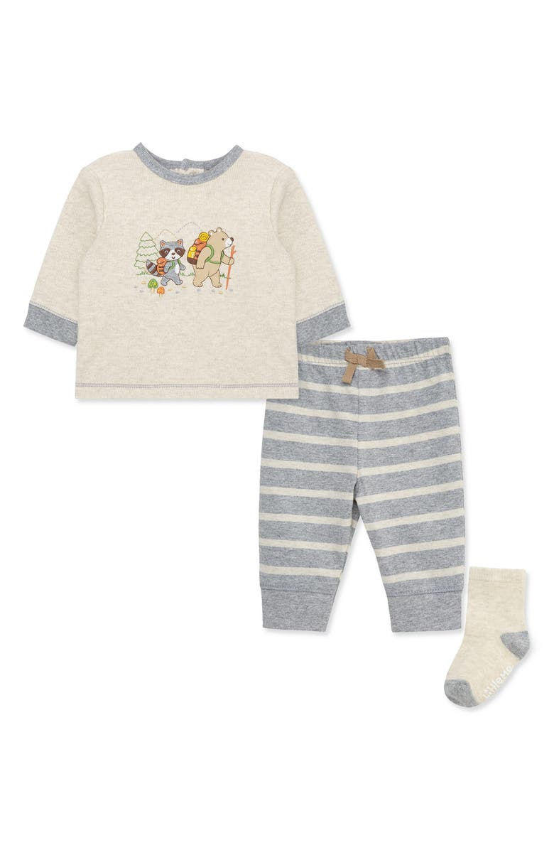Little Me Hiking Long Sleeve Shirt, Pants & Socks Set, Main, color, Grey