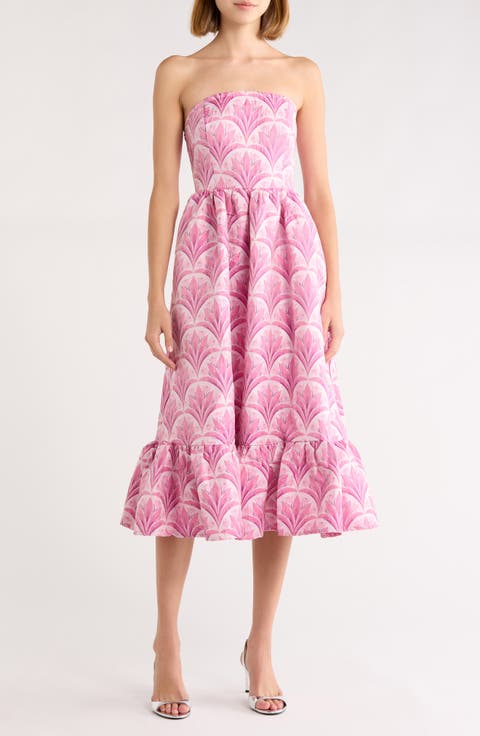 Aurra Floral Jacquard Tiered Strapless Midi Dress