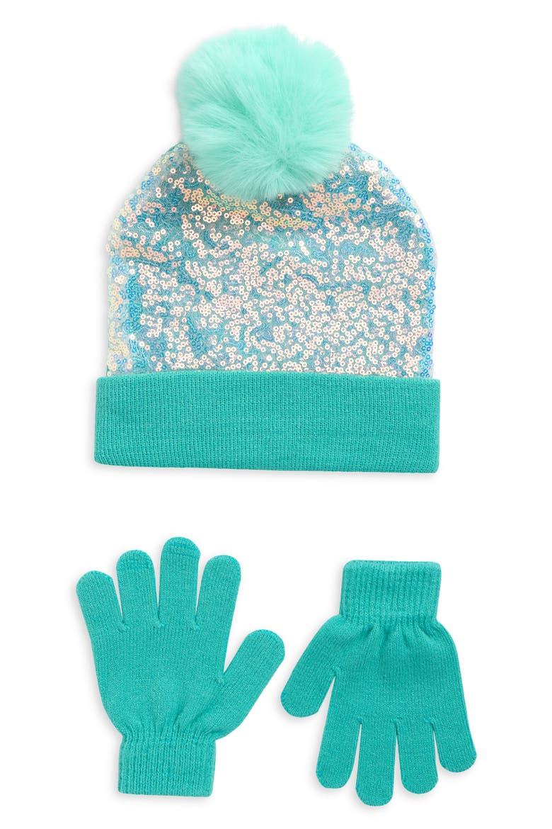 Kids' Pailettes Beanie & Gloves Set, Main, color, TEAL