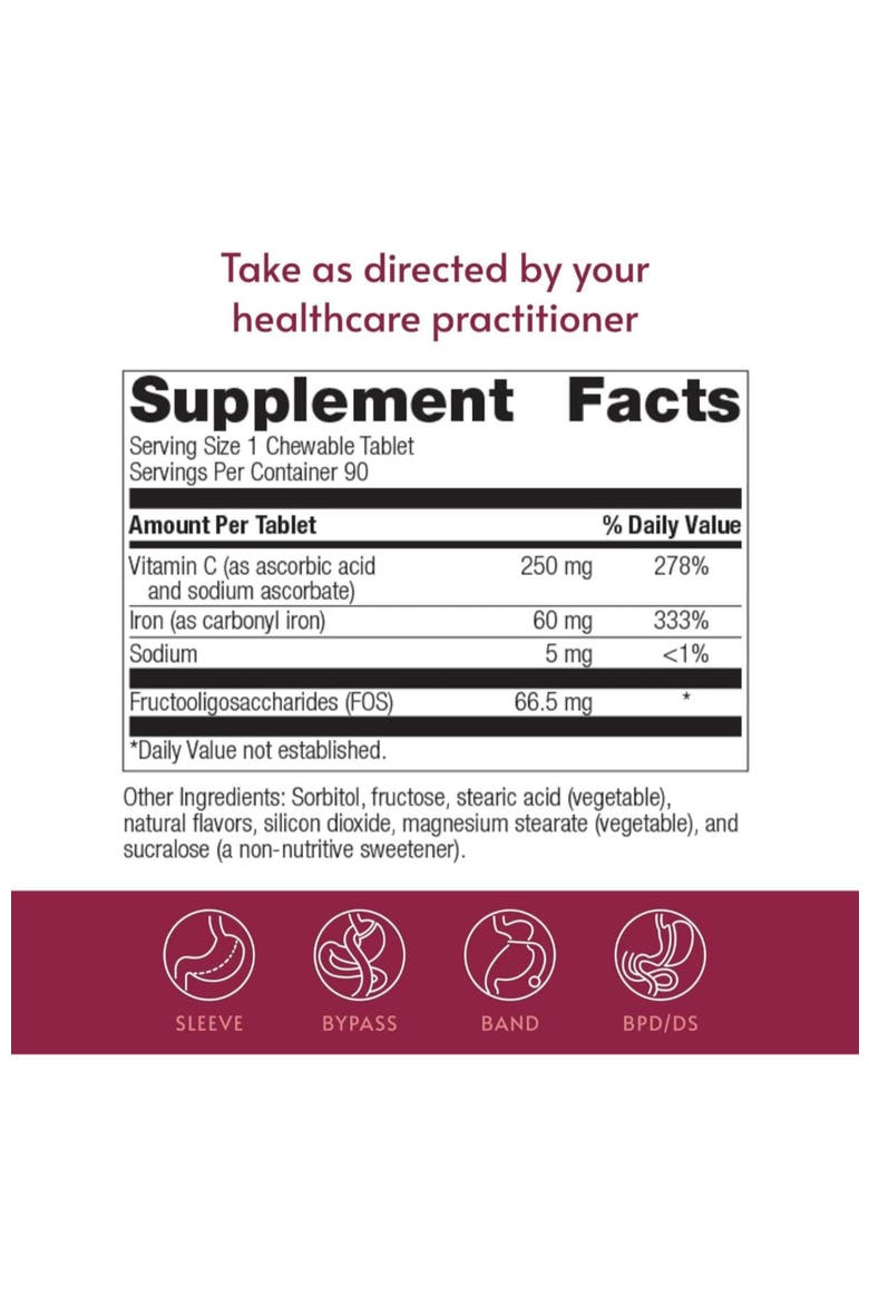 Chewable Iron 60 mg with Vitamin C Supplement Lemon Lime 90 Count, Alternate, color, None