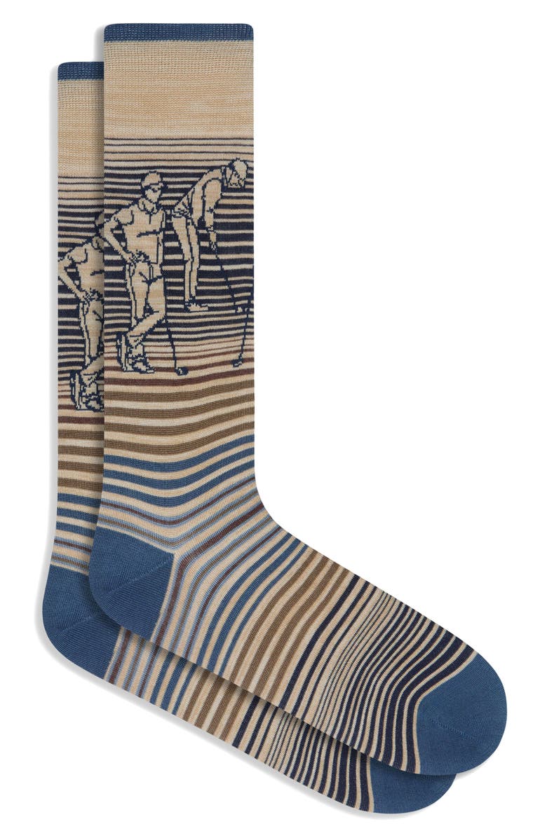 Bugatchi Golfer Stripe Mercerized Cotton Blend Dress Socks, Main, color, Camel
