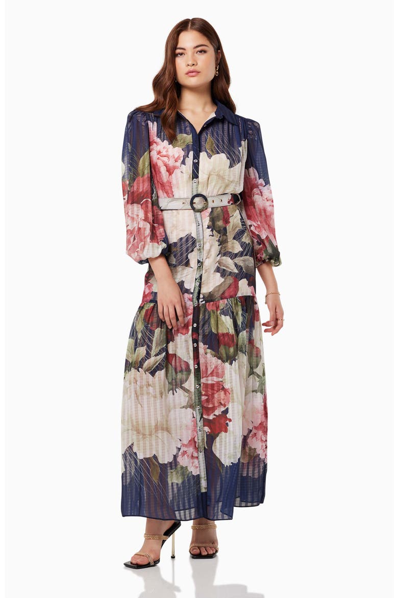 Upstage Floral Print Maxi Shirtdress, Alternate, color, BLUE MULTI