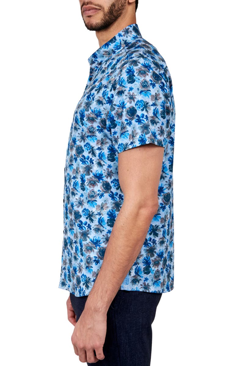 Brooklyn Brigade Slim Fit Quay Watercolor Floral 4-Way Stretch Performance Short Sleeve Shirt, Alternate, color, Brown/Blue