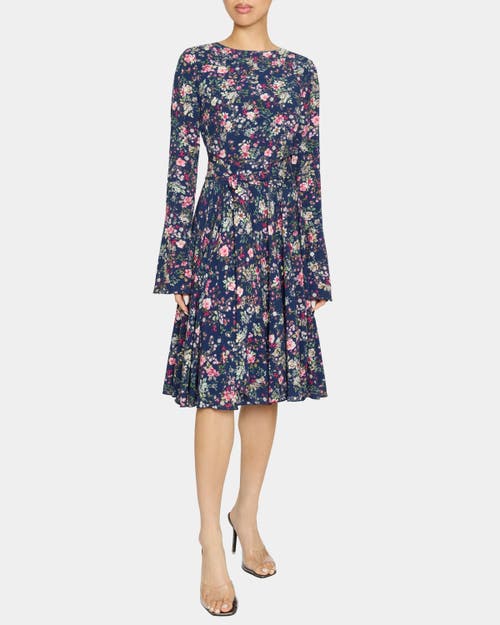 Santorelli Roni Long Sleeve Fit And Flare Dress In Stretch Floral Print In Blue