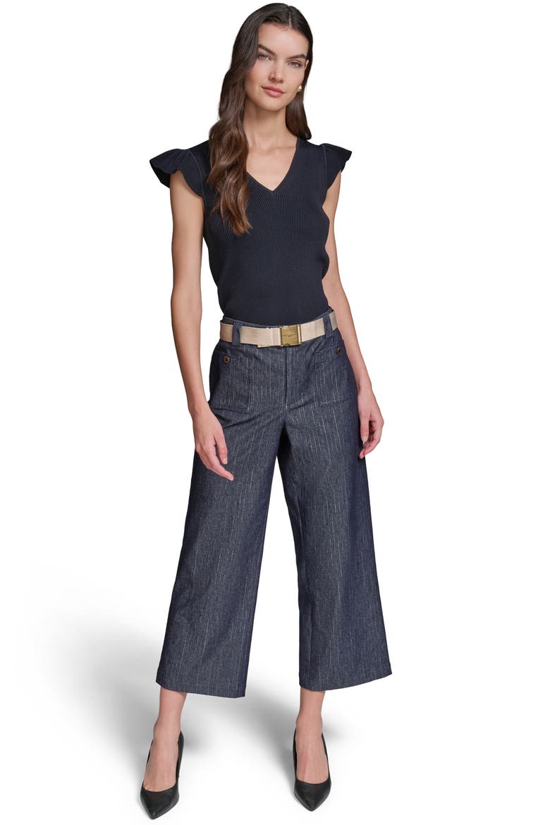 Belted Pinstripe Crop Denim Pants, Alternate, color, DARK WASH