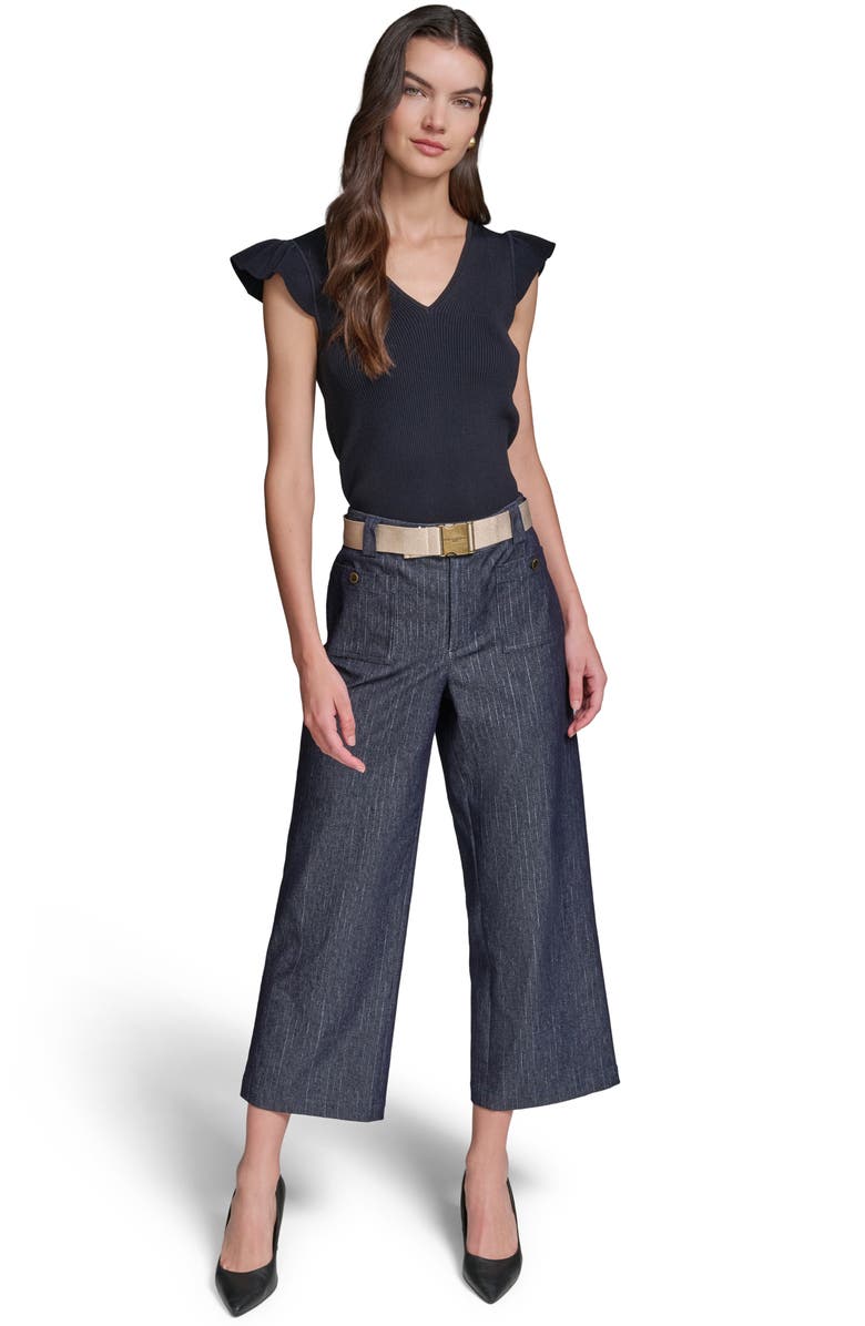 KARL LAGERFELD PARIS Belted Pinstripe Crop Denim Pants, Alternate, color, Dark Wash