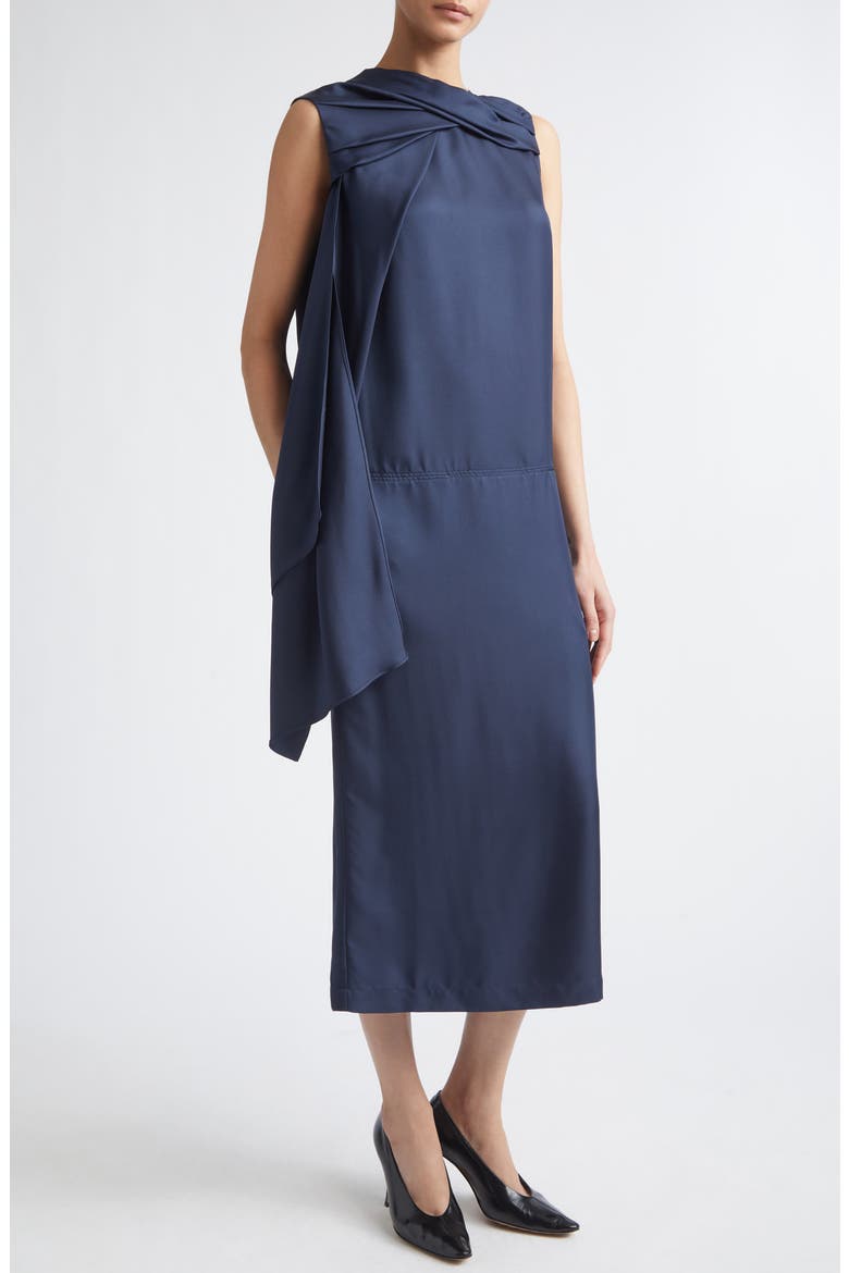 Izia Draped Silk Twill Cape Dress, Alternate, color, NAVY