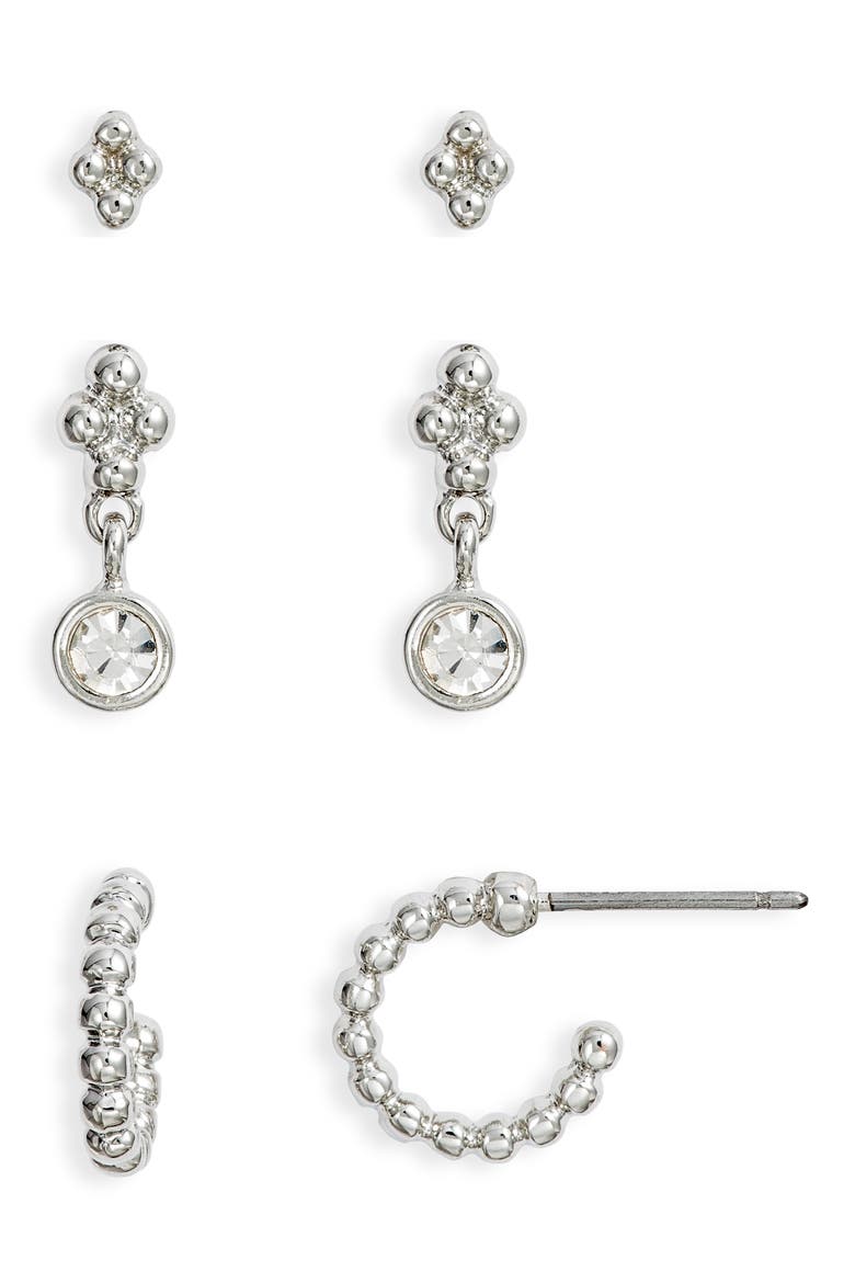 Set of 3 Earrings, Main, color, CLEAR- RHODIUM