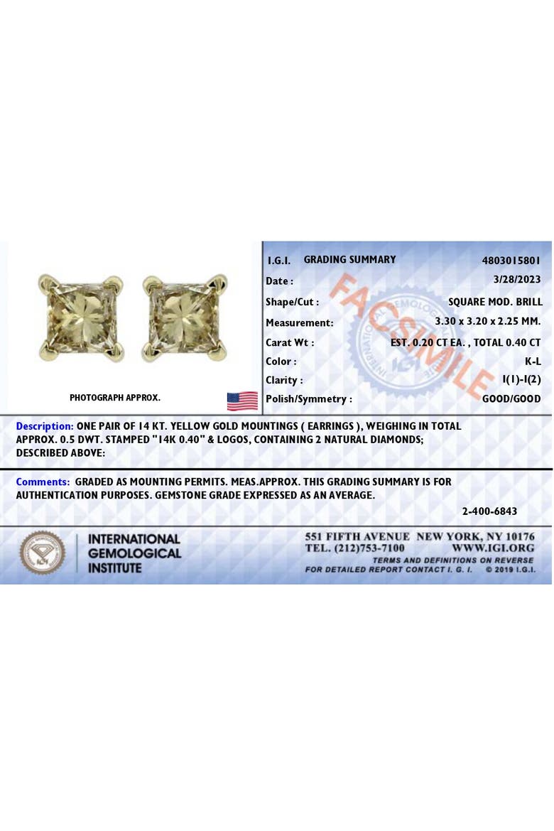 IGI Certified 3/8 Cttw Princess Diamond Solitaire Stud Earrings in 14K Yellow Gold, Alternate, color, Yellow