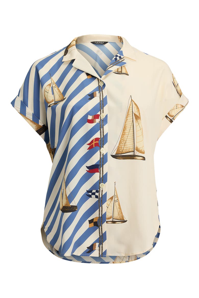 Stripe Sailboat Print Crêpe de Chine Camp Shirt, Alternate, color, CREAM/ MULTI