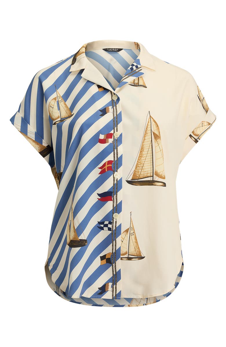 Lauren Ralph Lauren Stripe Sailboat Print Crêpe de Chine Camp Shirt, Alternate, color, Cream/ Multi